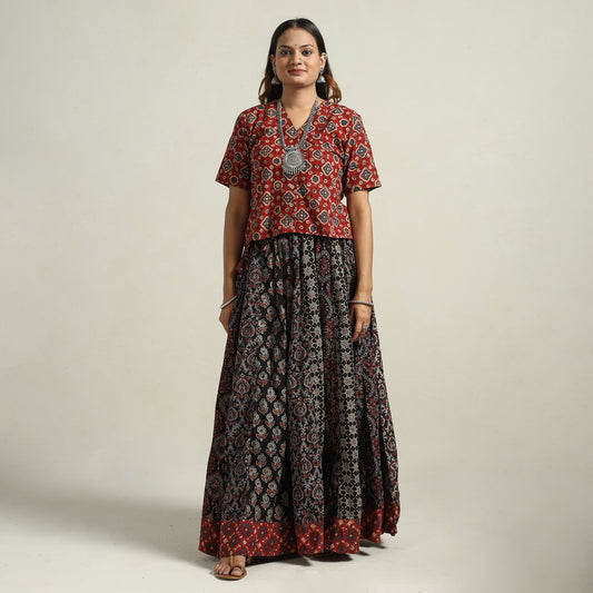Ajrakh Block Printed 24 Kali Patchwork Cotton Long Skirt 13