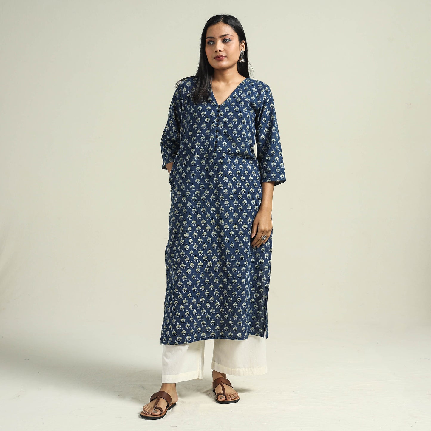 Blue - with Flower Ajrakh Hand Block Printed Cotton Straight Kurta