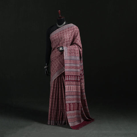 Handwoven Merino Wool Natural Dyed Hand Block Bagh Print Saree 07