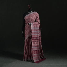 Handwoven Merino Wool Natural Dyed Hand Block Bagh Print Saree 07