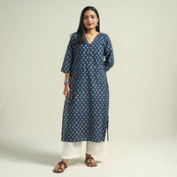 Blue - with Flower Ajrakh Hand Block Printed Cotton Straight Kurta