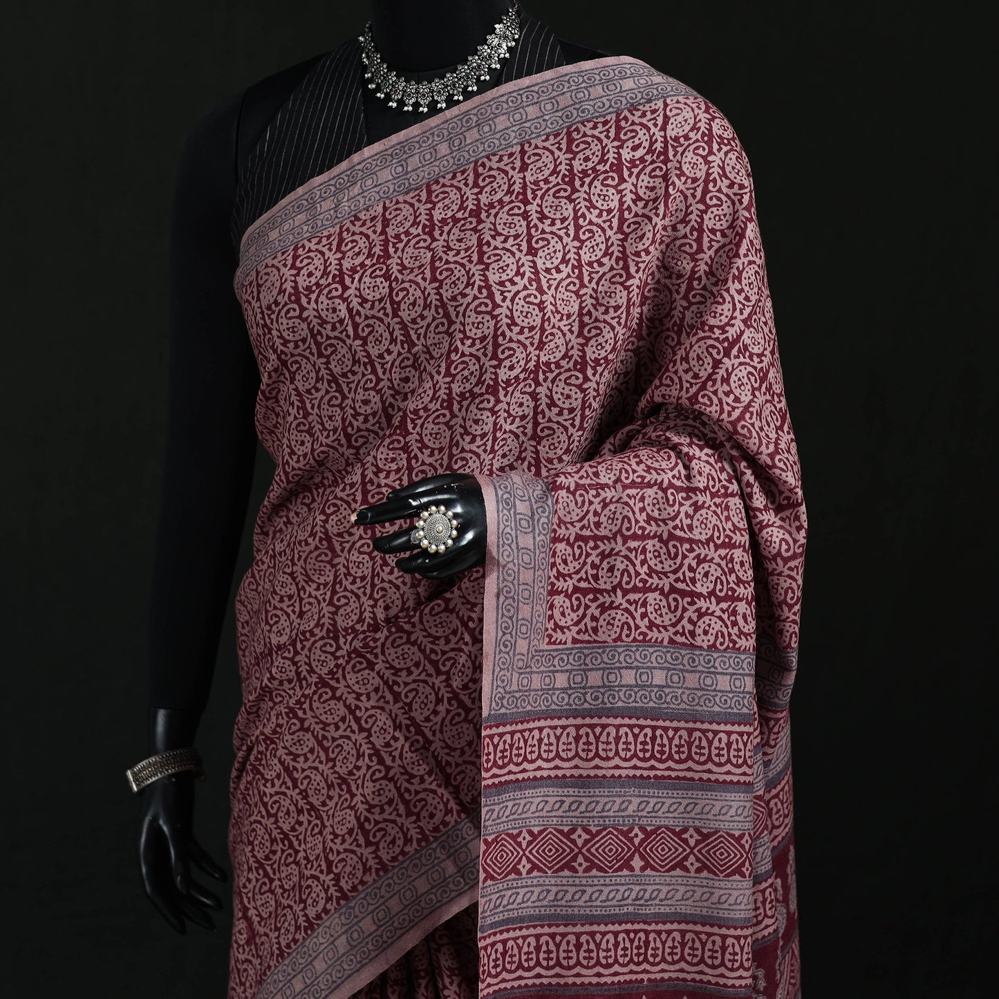 Handwoven Merino Wool Natural Dyed Hand Block Bagh Print Saree 07