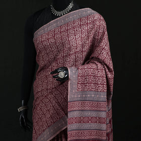 Handwoven Merino Wool Natural Dyed Hand Block Bagh Print Saree 07
