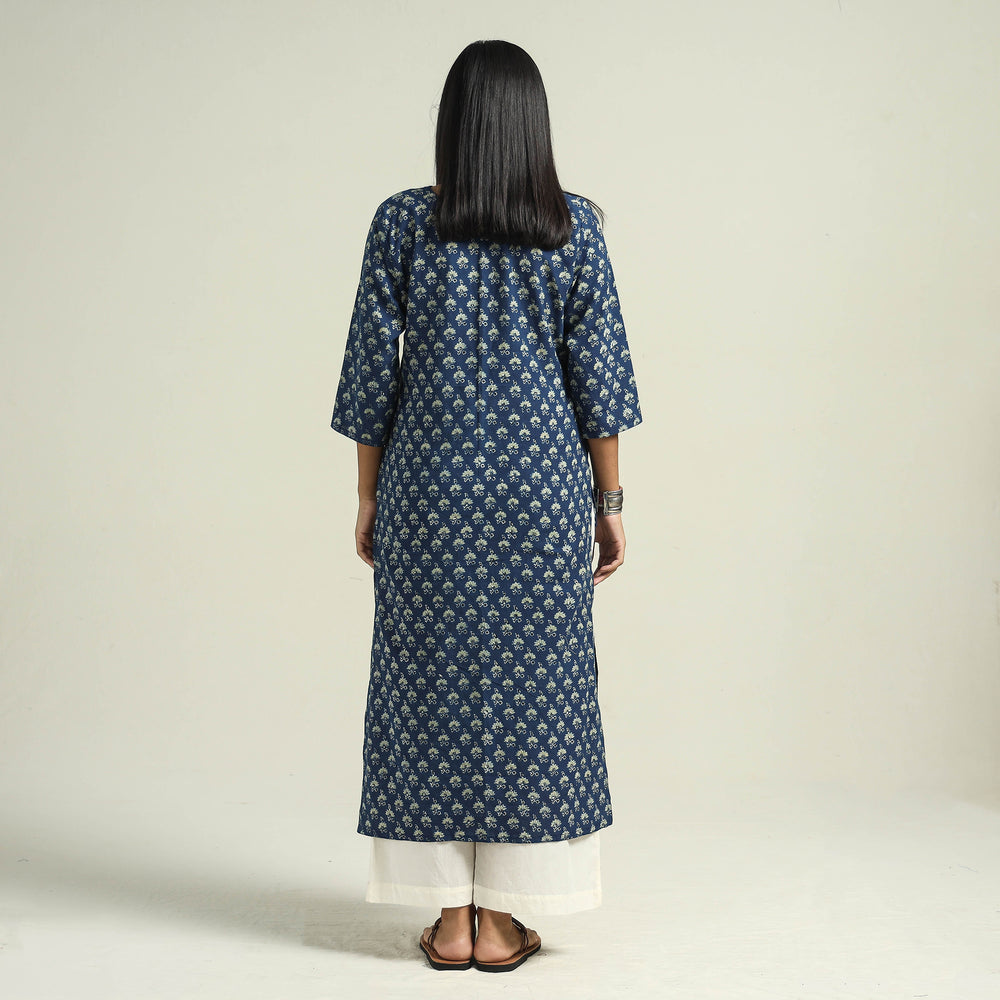 Blue - with Flower Ajrakh Hand Block Printed Cotton Straight Kurta