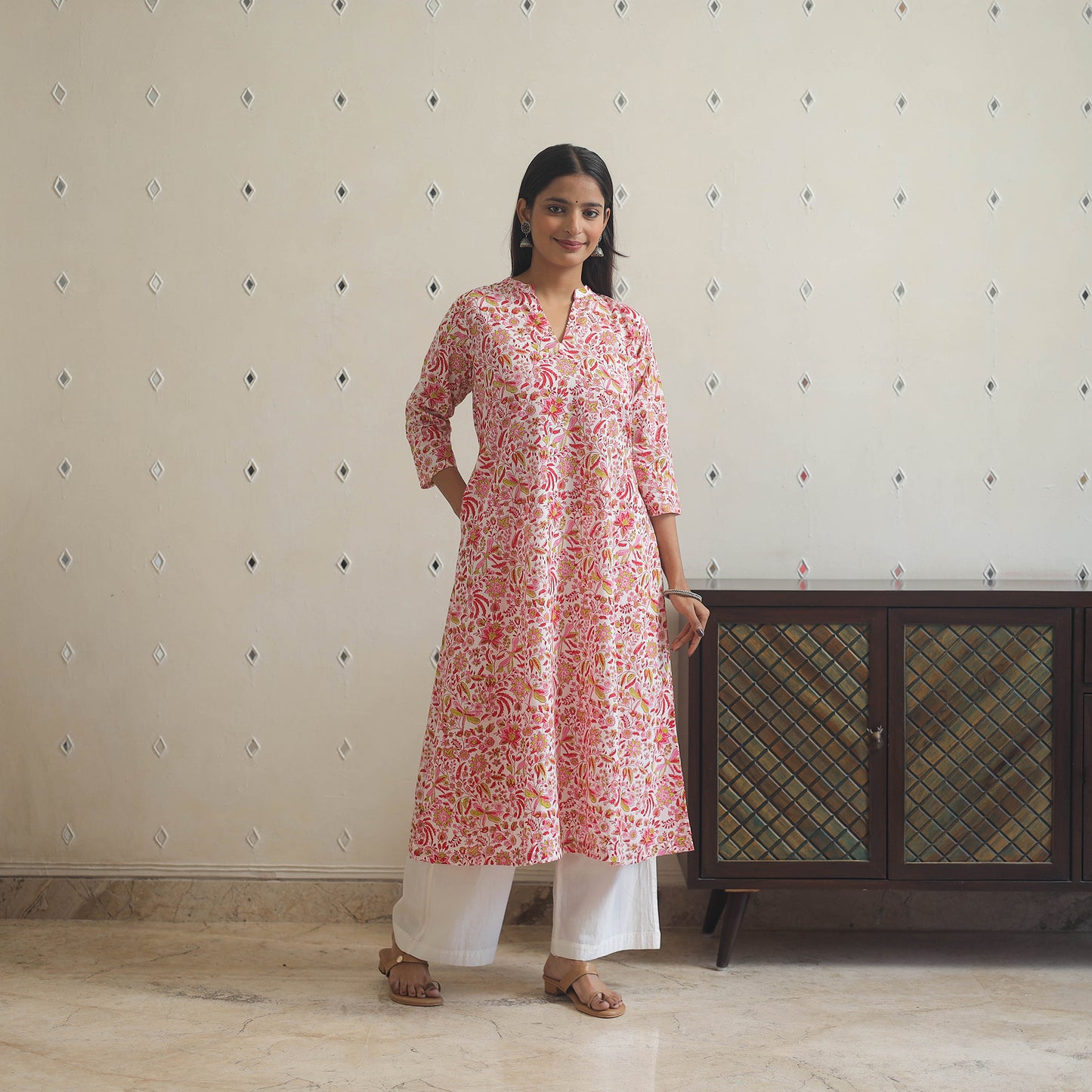 Pink - cotton a-line sanganeri kurta 04 - handcrafted