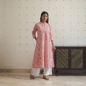Pink - cotton a-line sanganeri kurta 04 - handcrafted