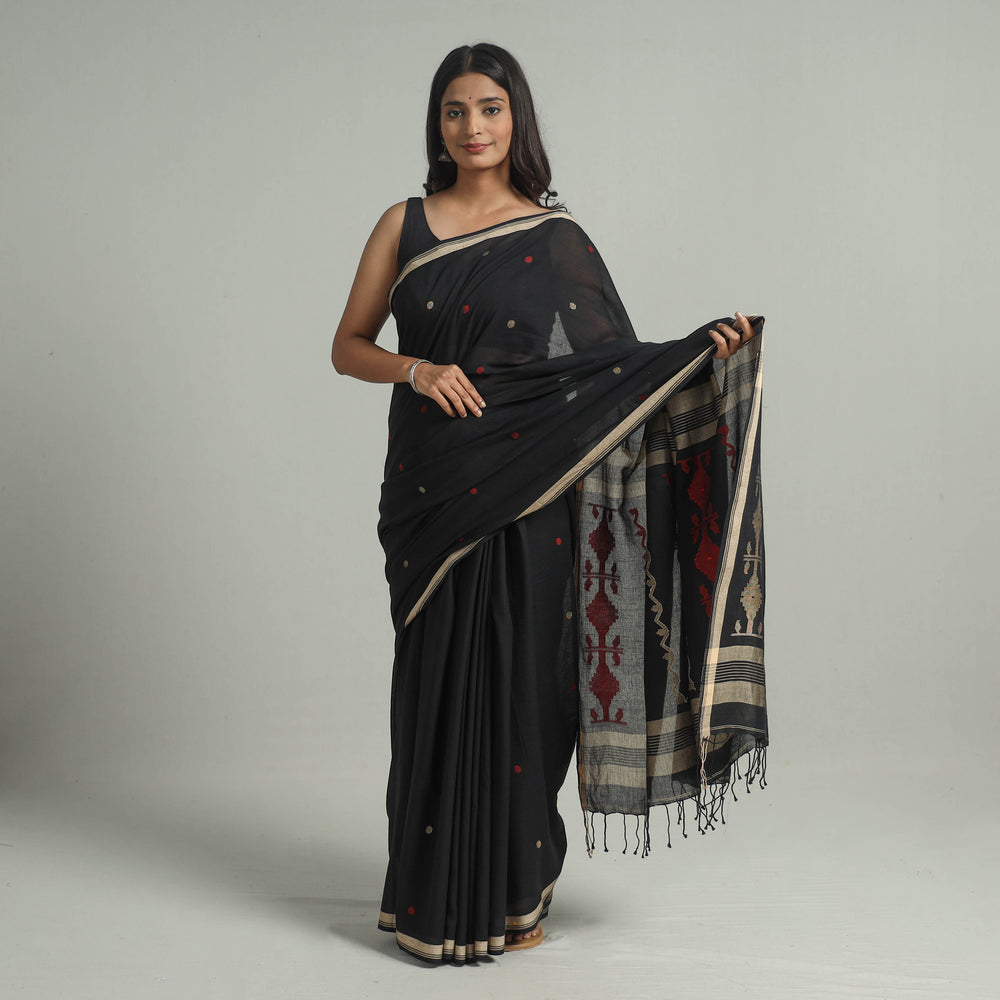 Black - Handloom Cotton Phulia Jamdani Saree with Tassels 28