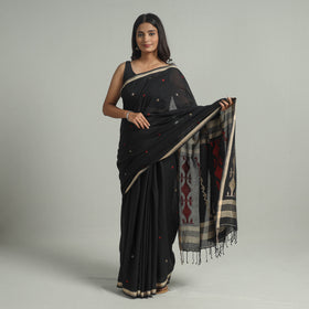 Black - handloom cotton phulia jamdani saree with tassels