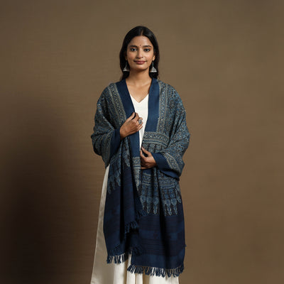 Blue  - Kutch Handwoven Ajrakh Print Pure Wool Shawl 20