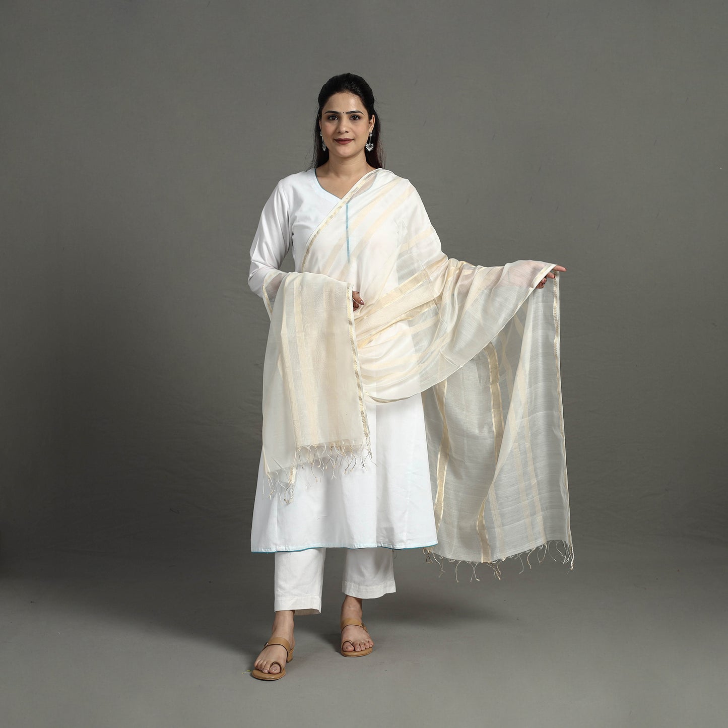 White - Handloom Silk Cotton Zari Work Maheshwari Dupatta 20