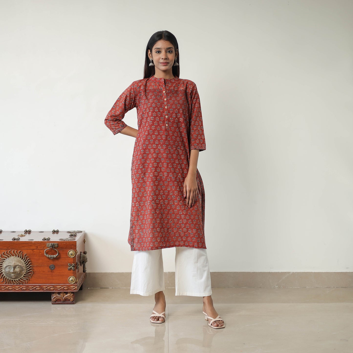 Red - Block Printed Cotton Straight Ajrakh Kurta 01