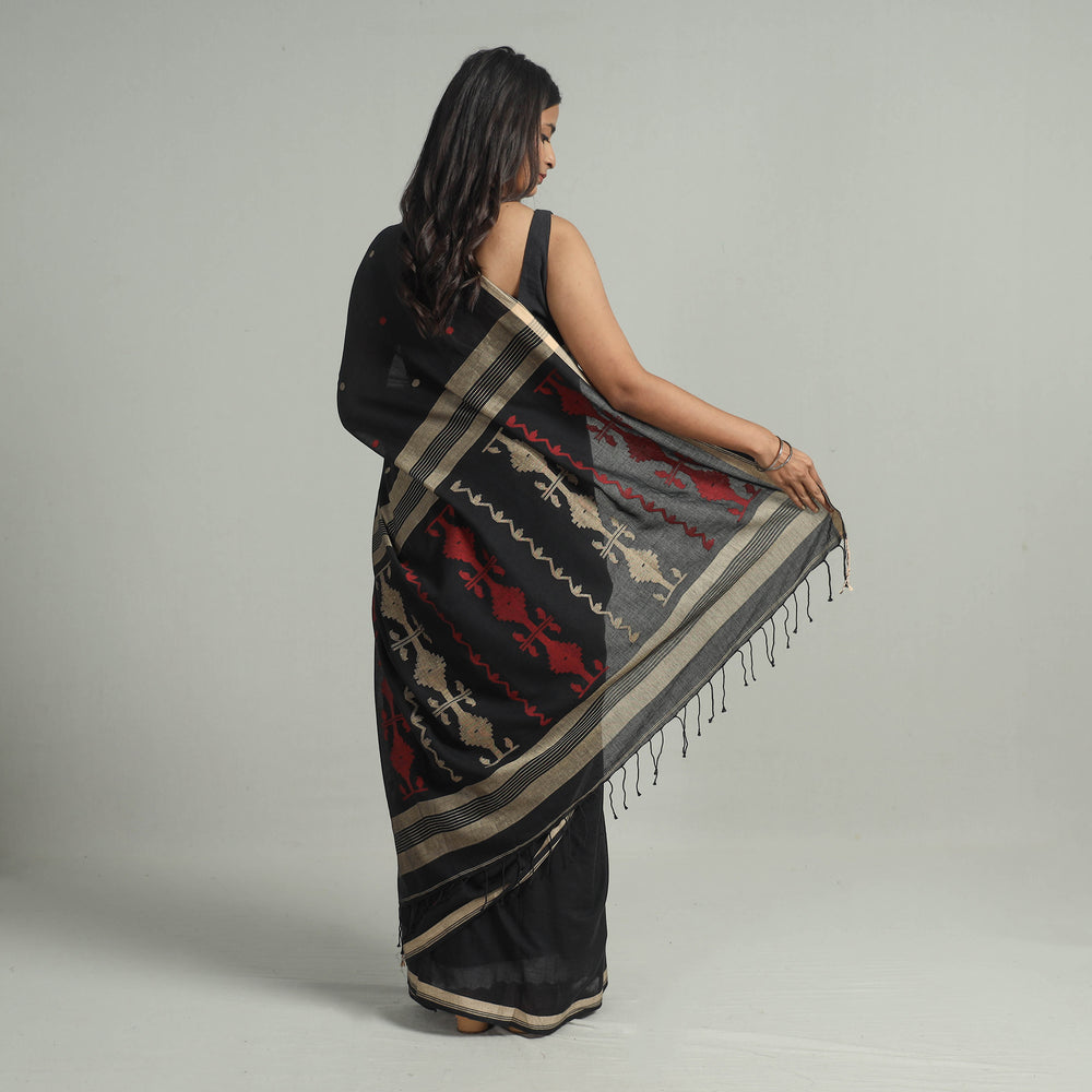 Black - Handloom Cotton Phulia Jamdani Saree with Tassels 28