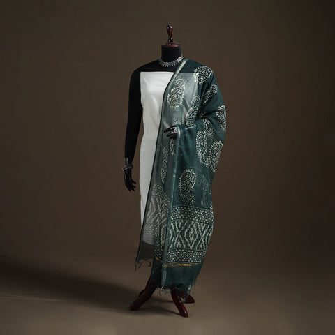 Green - Pipad Hand Block Print Natural Dyed Kota Doria Cotton Dupatta 03