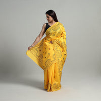 Yellow - Handcrafted Bengal Nakshi Kantha Work Silk Saree 04