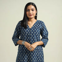 Blue - with Flower Ajrakh Hand Block Printed Cotton Straight Kurta