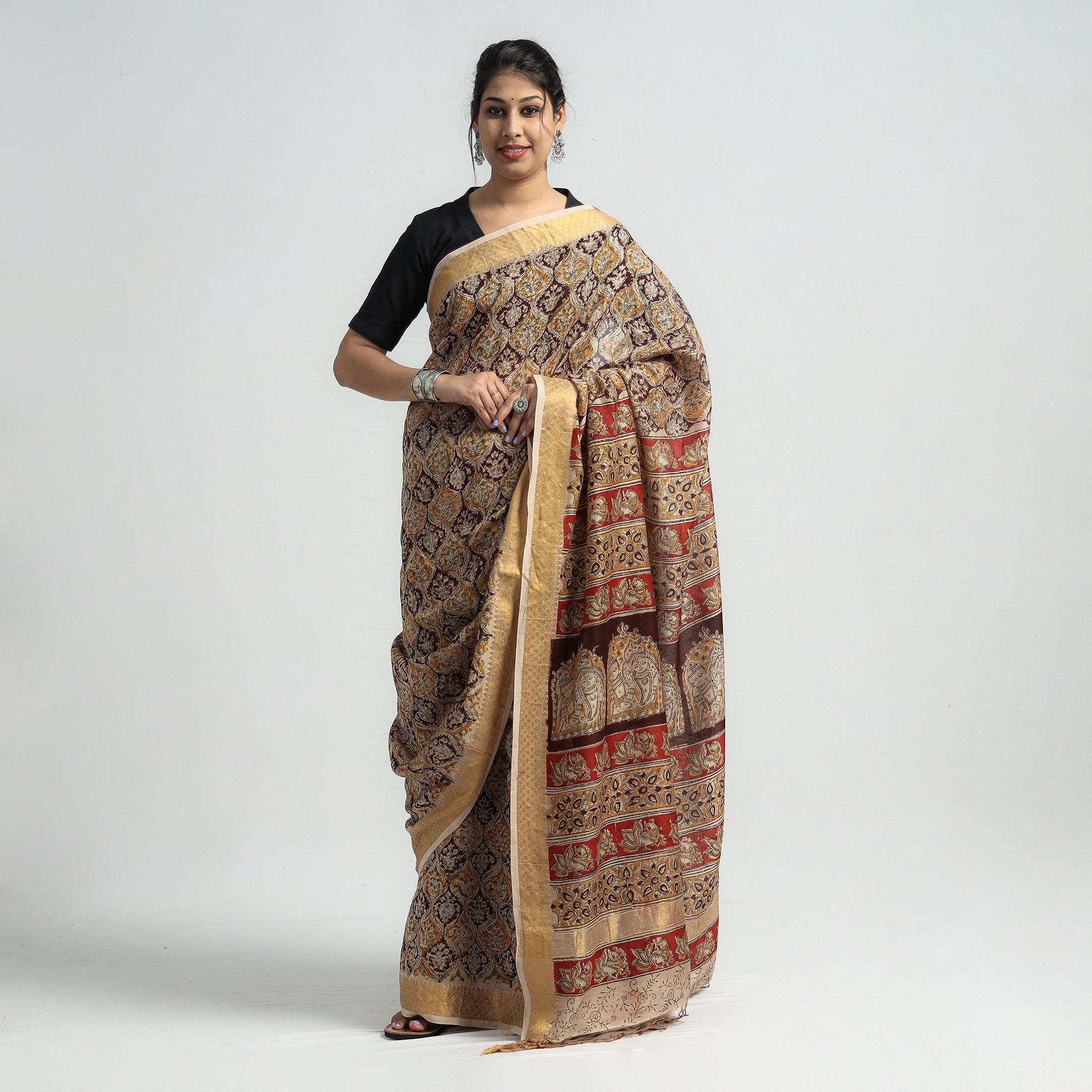 Handprocessed Natural Dyed Kalamkari Chanderi Cotton Silk Saree-CSX7708 |  FabK