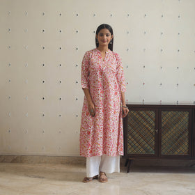 Pink - cotton a-line sanganeri kurta 04 - handcrafted