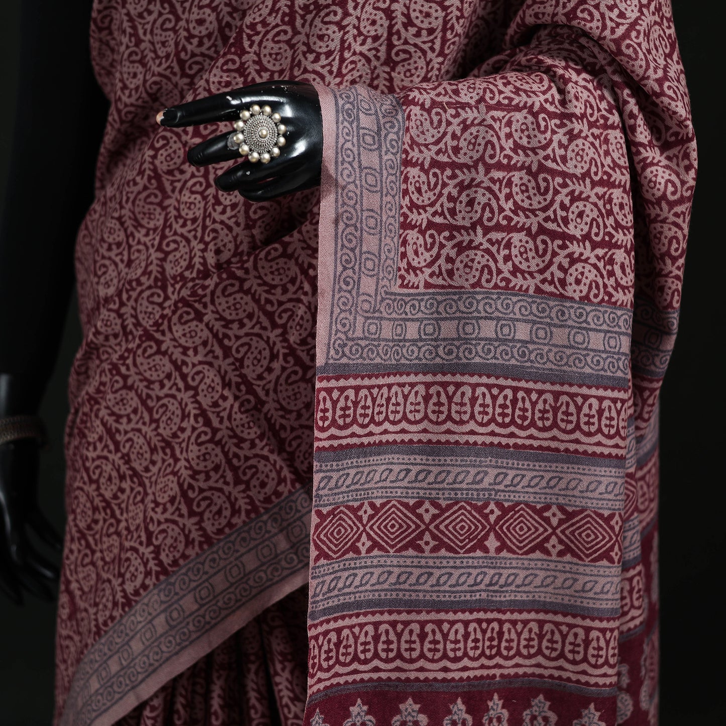 Handwoven Merino Wool Natural Dyed Hand Block Bagh Print Saree 07