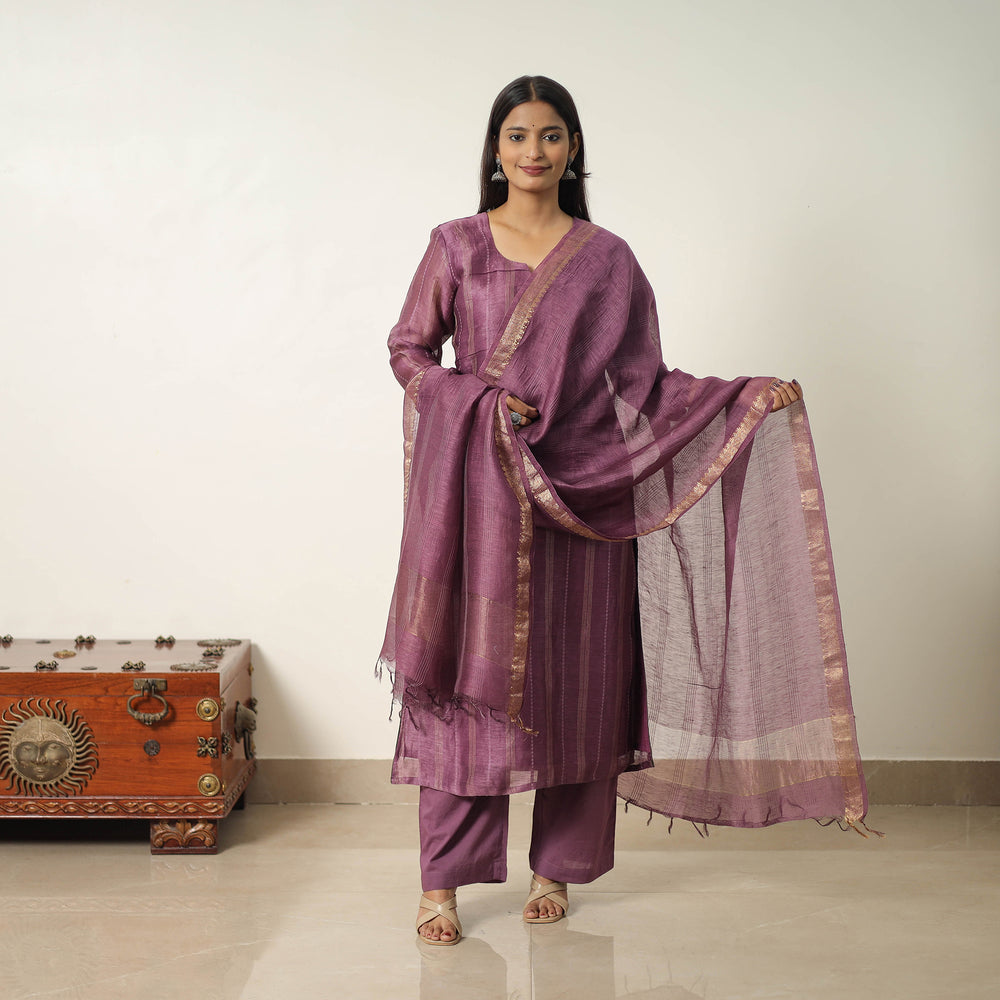 Purple - Elegant Linen Silk Handloom Plain Kurta Set 01