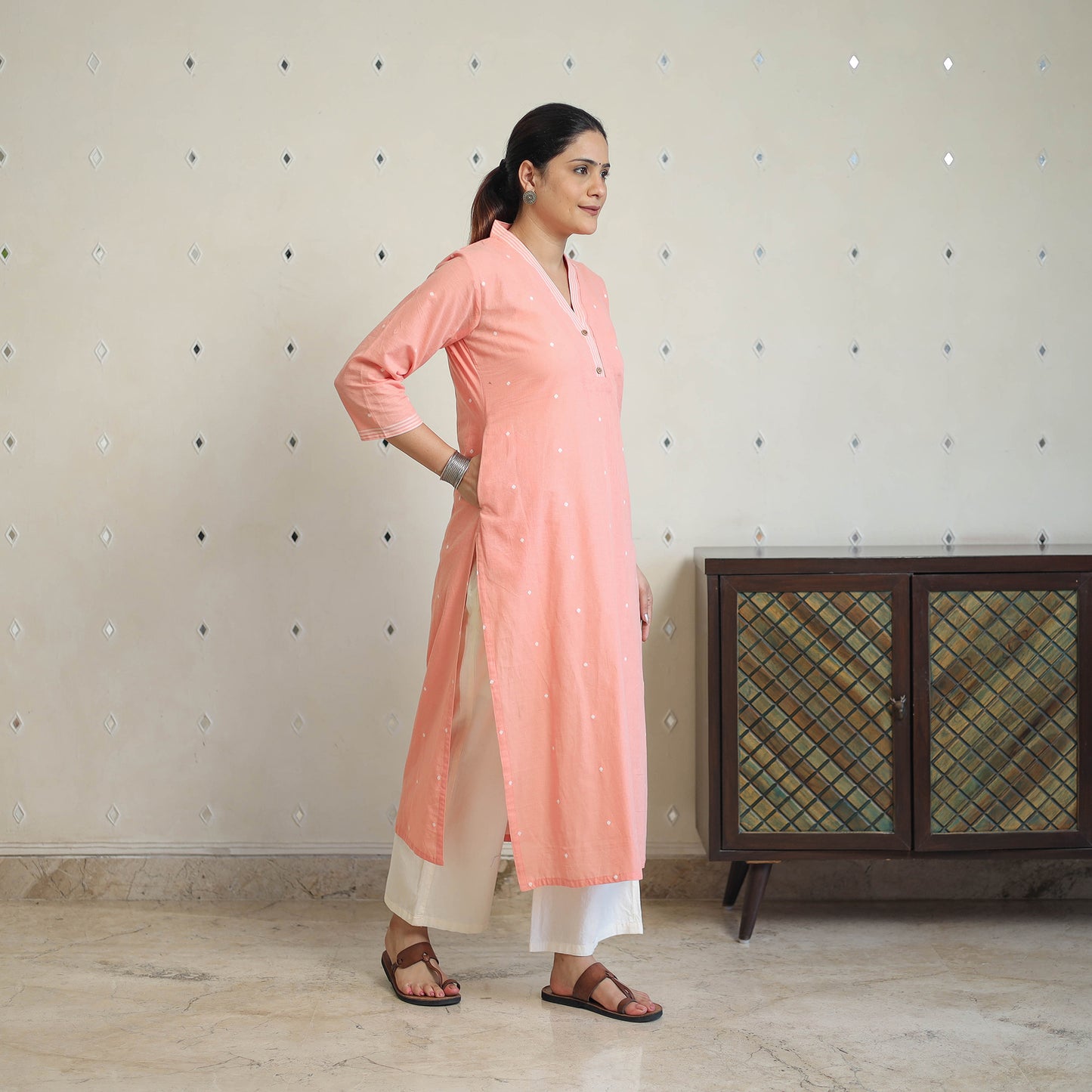 Peach - Jacquard Cotton Straight Kurta 03