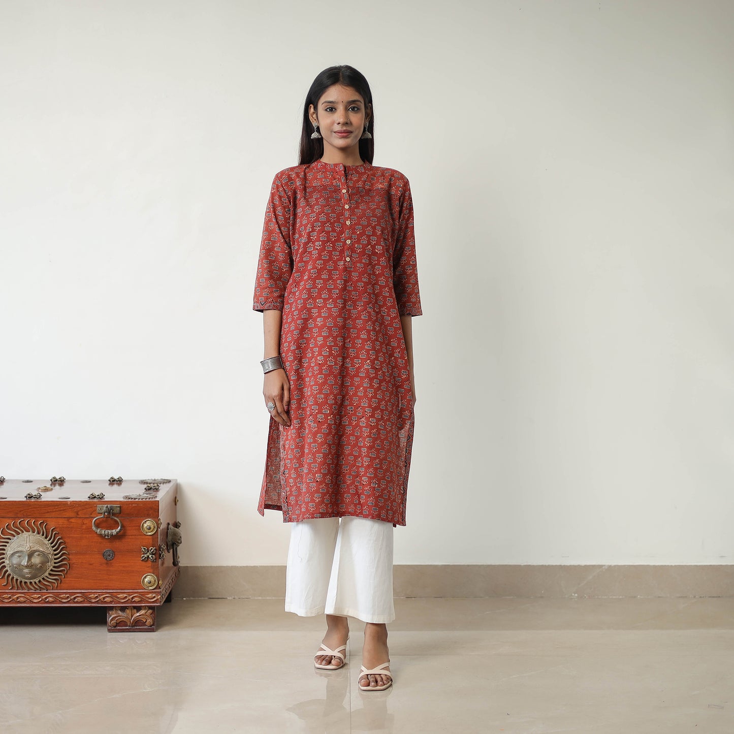 Red - Block Printed Cotton Straight Ajrakh Kurta 01