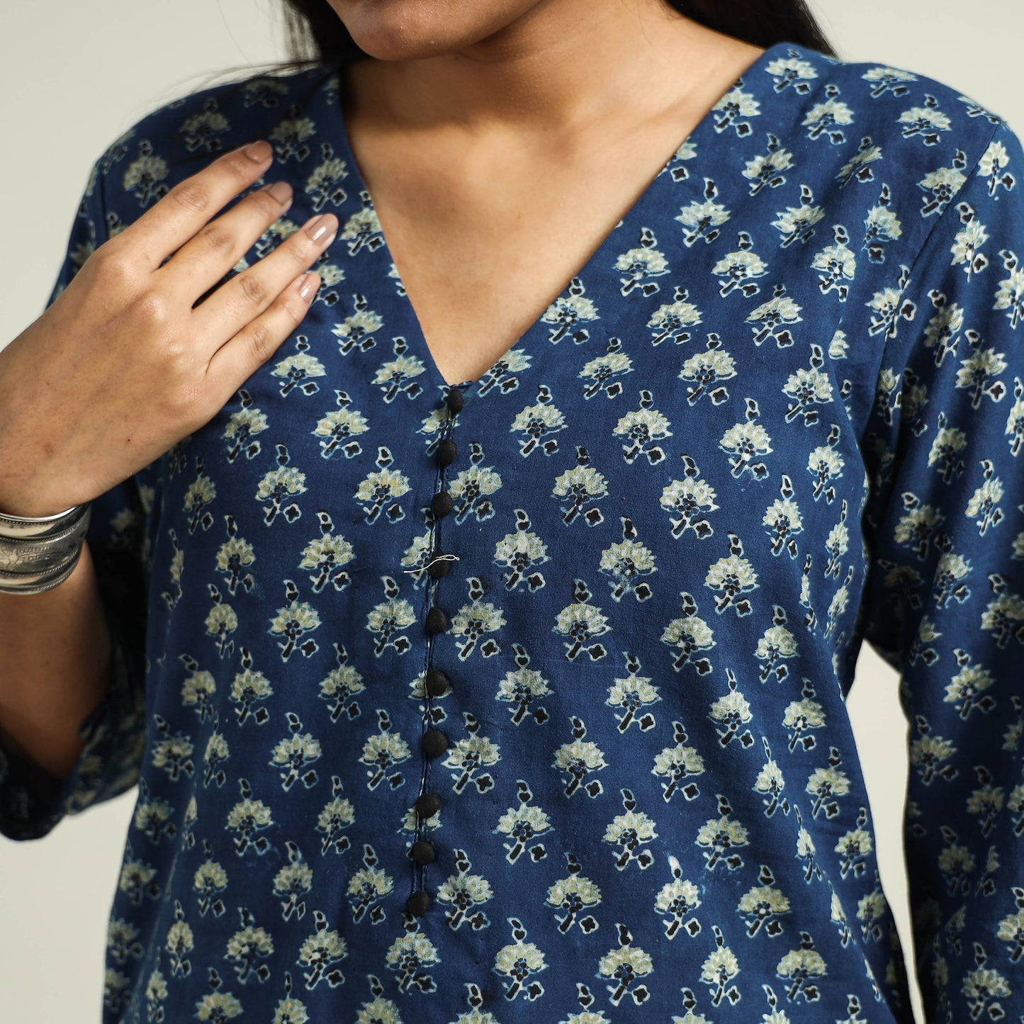 Blue - with Flower Ajrakh Hand Block Printed Cotton Straight Kurta