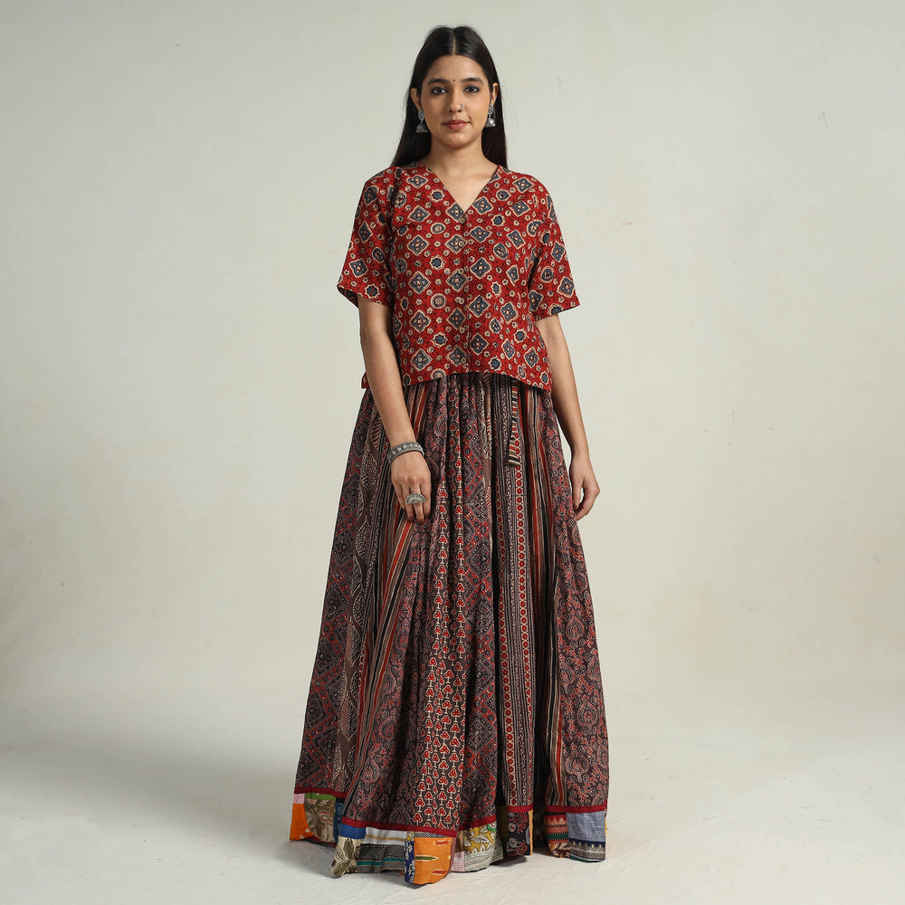 Multicolor - Kutch Block Printed 24 Kali Cotton Long Skirt 29