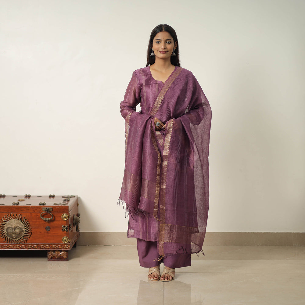 Purple - Elegant Linen Silk Handloom Plain Kurta Set 01