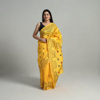 Yellow - Handcrafted Bengal Nakshi Kantha Work Silk Saree 04