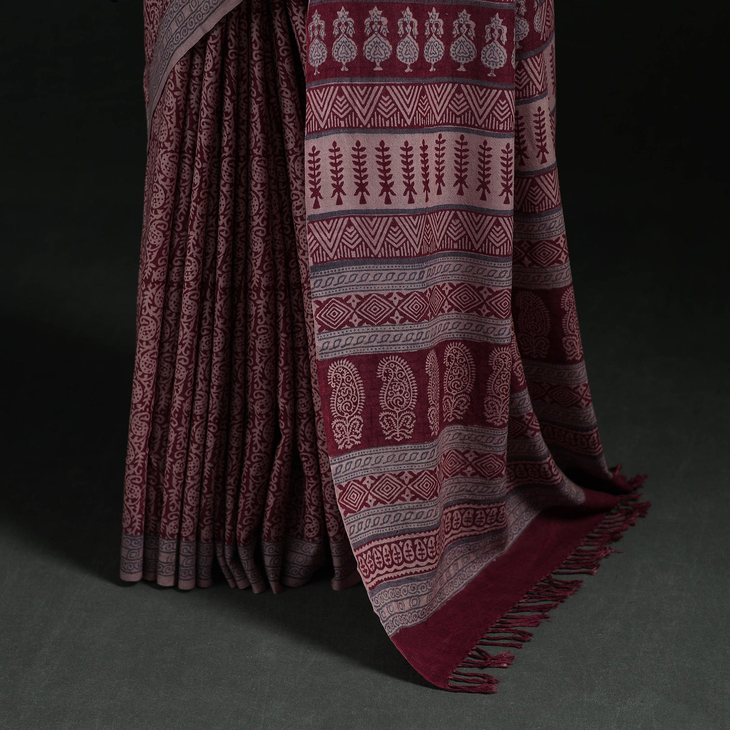 Handwoven Merino Wool Natural Dyed Hand Block Bagh Print Saree 07