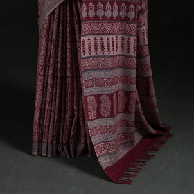 Handwoven Merino Wool Natural Dyed Hand Block Bagh Print Saree 07