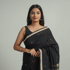 Black - handloom cotton phulia jamdani saree with tassels