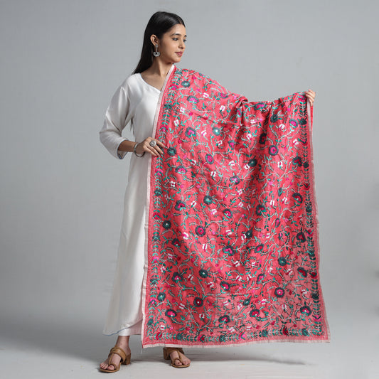 Pink - Ranihati Chanderi Silk Chapa Work Phulkari Embroidered Dupatta 44