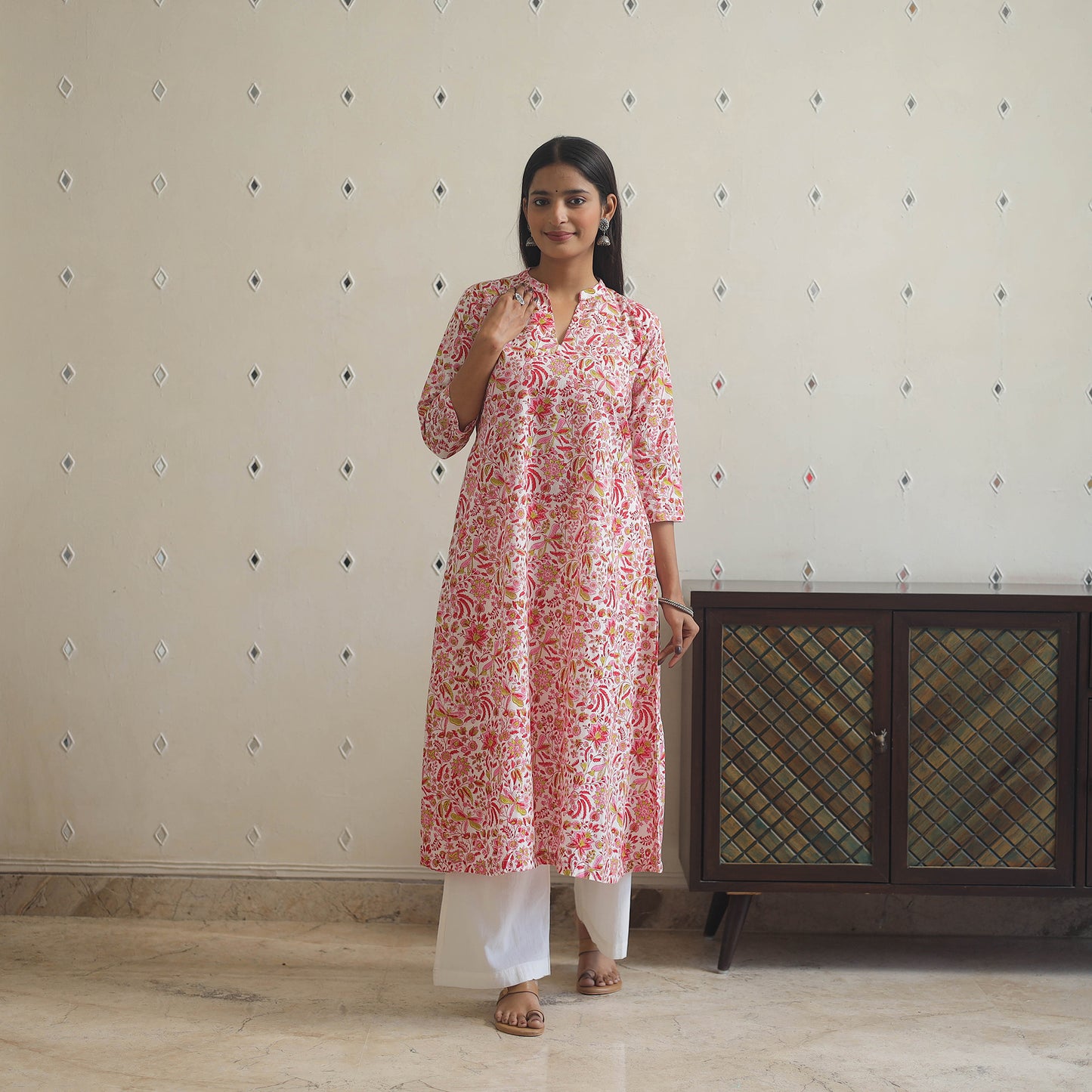Pink - cotton a-line sanganeri kurta 04 - handcrafted