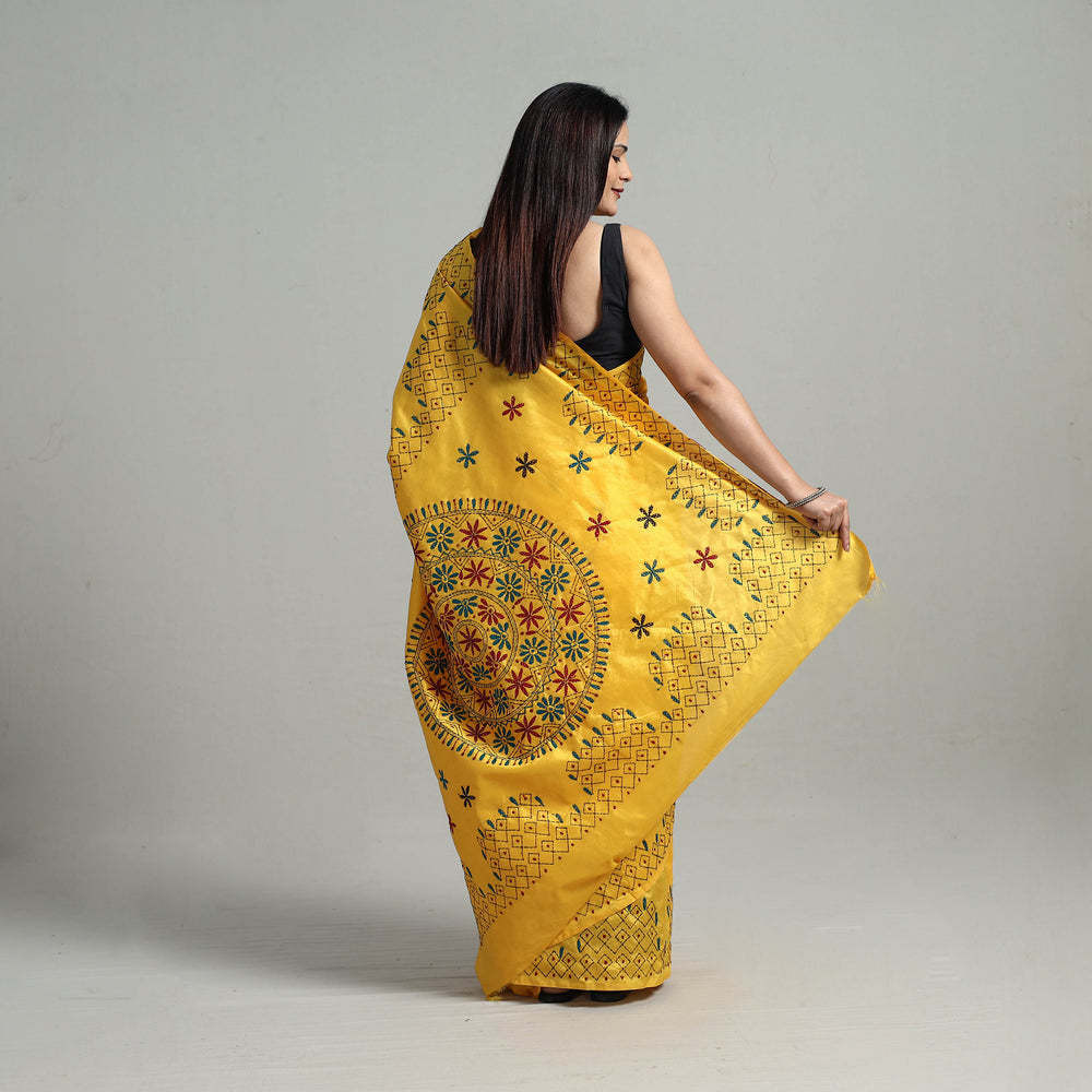 Yellow - Handcrafted Bengal Nakshi Kantha Work Silk Saree 04