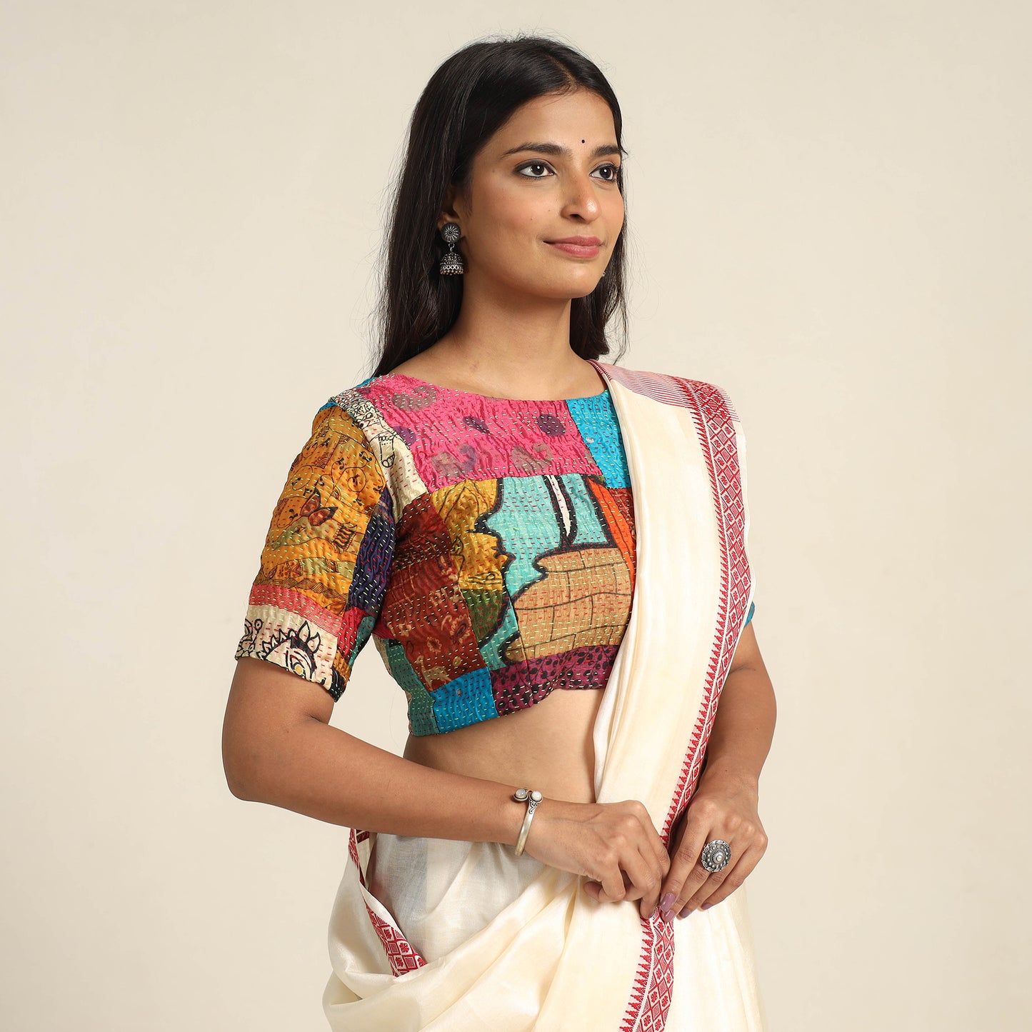 Multicolor - Hand Embroidery Silk Cotton Patchwork Kantha Stitch Blouse 05