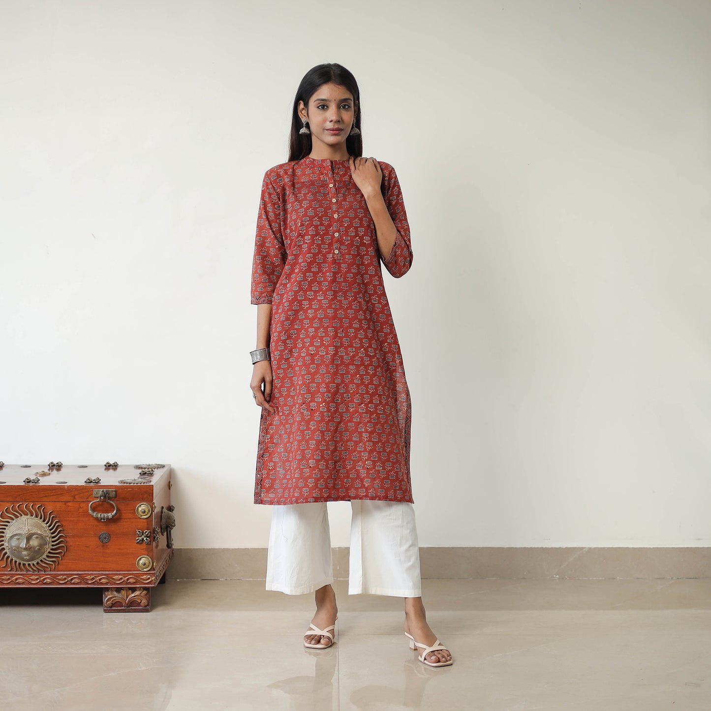 Red - Block Printed Cotton Straight Ajrakh Kurta 01