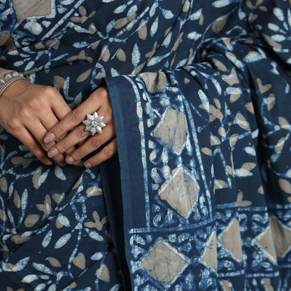Blue - Pipad Hand Block Printed Cotton Saree