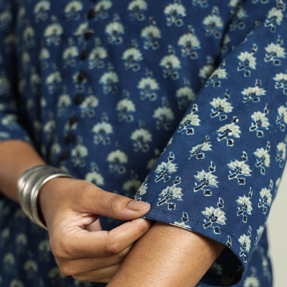 Blue - with Flower Ajrakh Hand Block Printed Cotton Straight Kurta