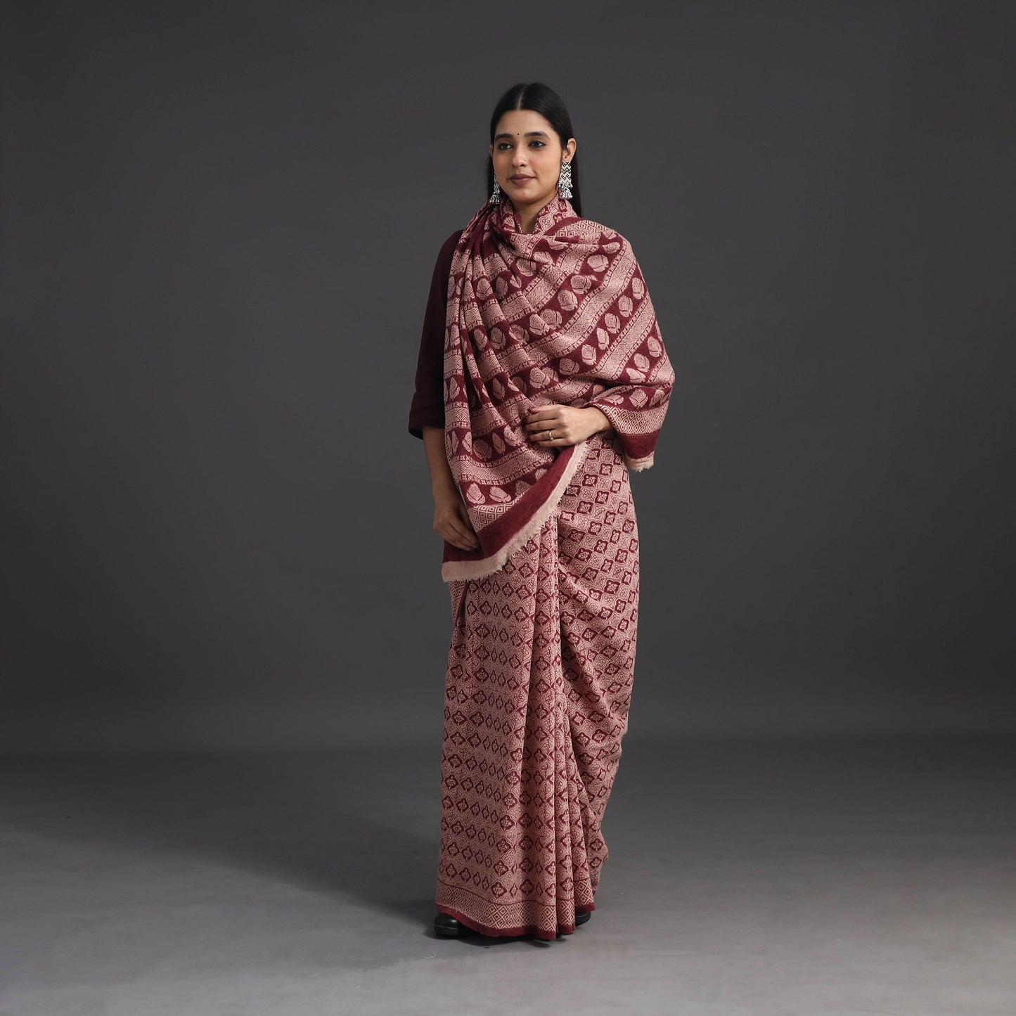 Red - Handwoven Merino Wool Bagh Block Print Saree 07