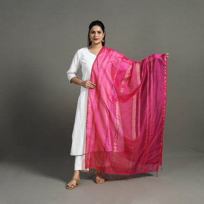 Pink - Handloom Silk Cotton Zari Work Maheshwari Dupatta 21