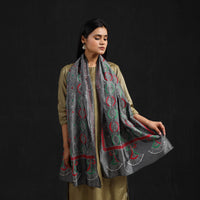 Grey - Handloom Tussar Silk  Bengal Kantha Work Stole 61