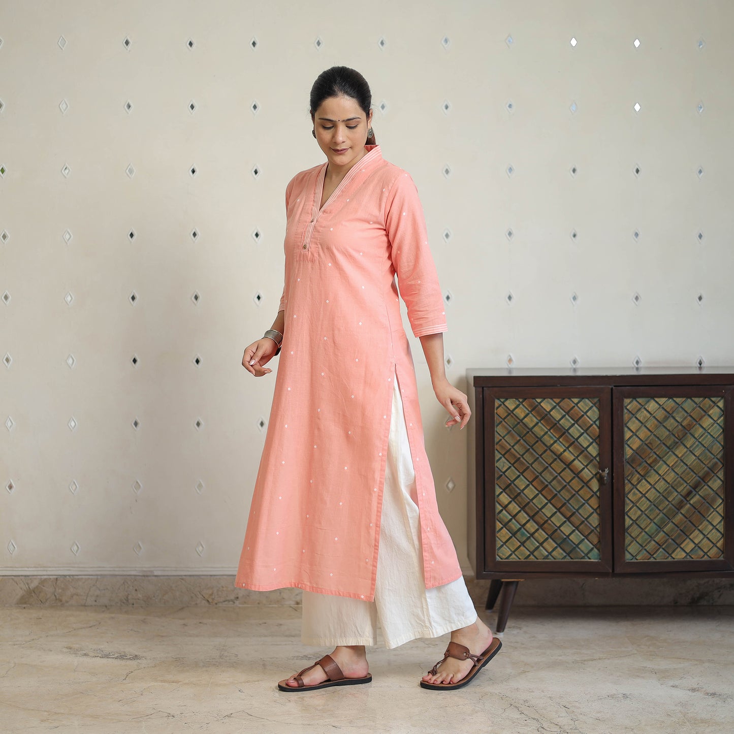 Peach - Jacquard Cotton Straight Kurta 03