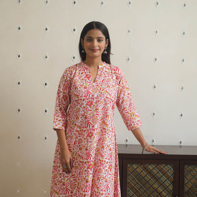 Pink - cotton a-line sanganeri kurta 04 - handcrafted