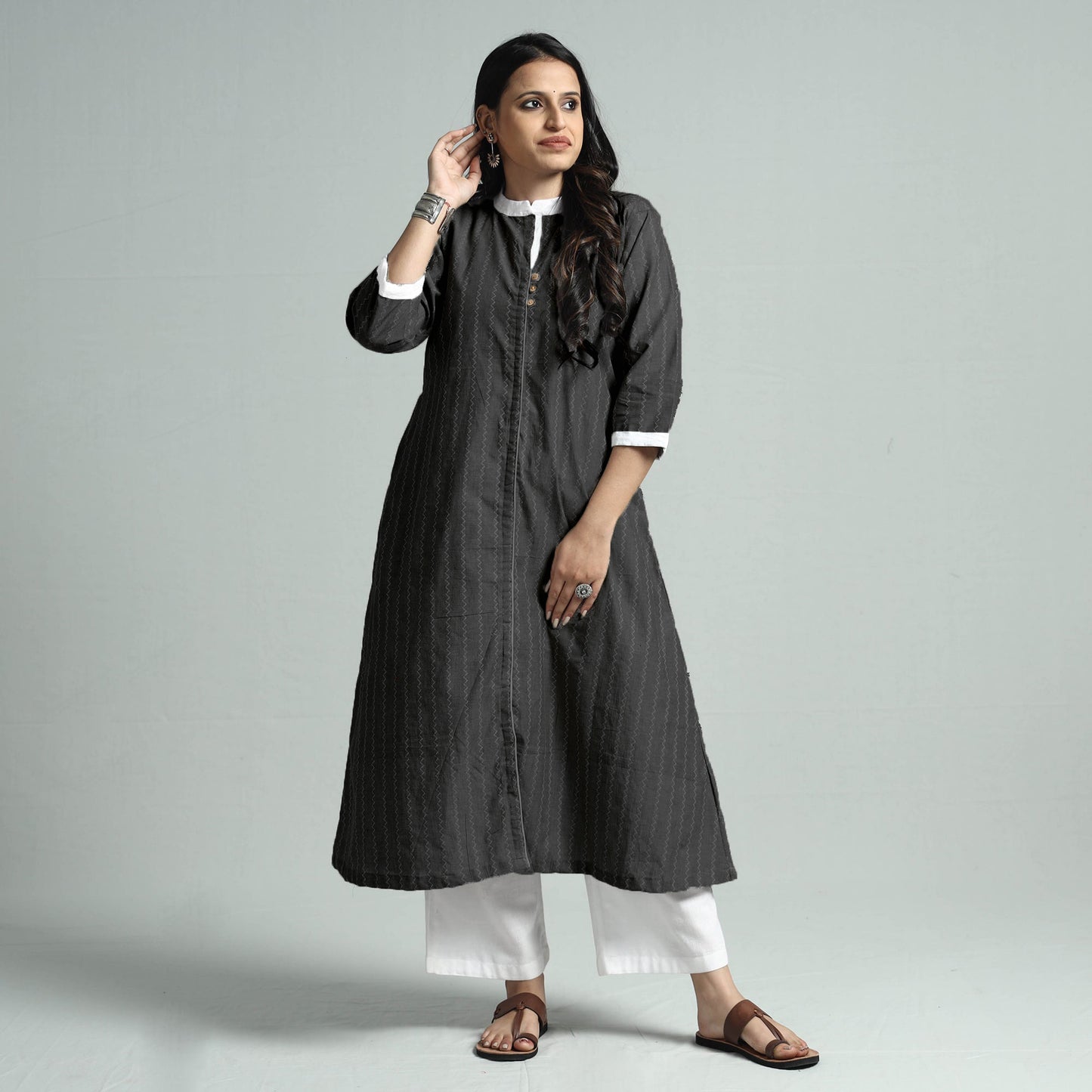 Grey - Jacquard Cotton Floral A-Line Kurta 23