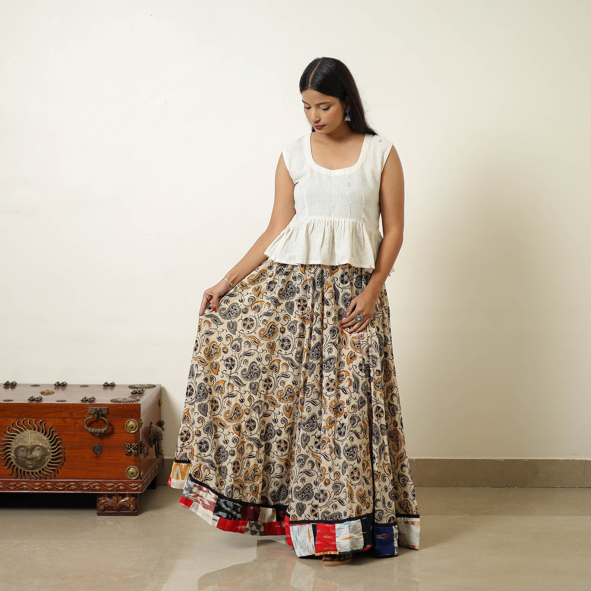 Beige - Hand Block Printed Cotton Long Bagru Skirt 14