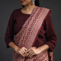 Red - Handwoven Merino Wool Bagh Block Print Saree 07