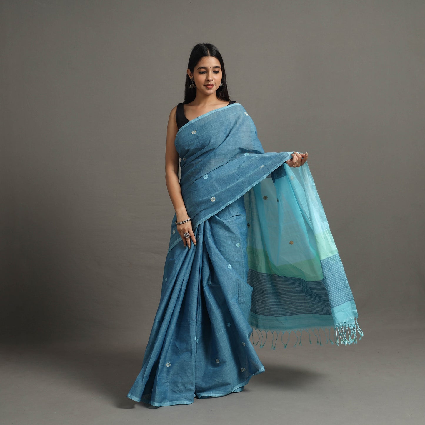 Blue - Twinkle Jamdani Cotton Handloom Saree 77