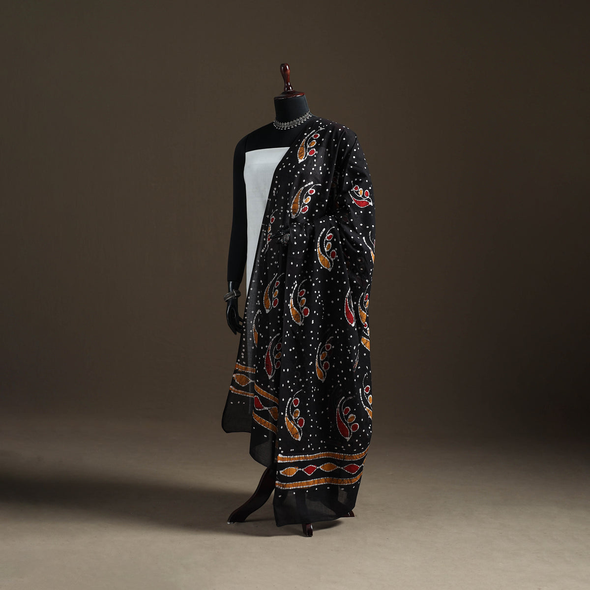 Black - hand batik print cotton dupatta 31 - handcrafted