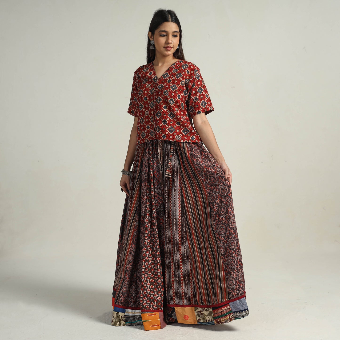 Multicolor - Kutch Block Printed 24 Kali Cotton Long Skirt 29